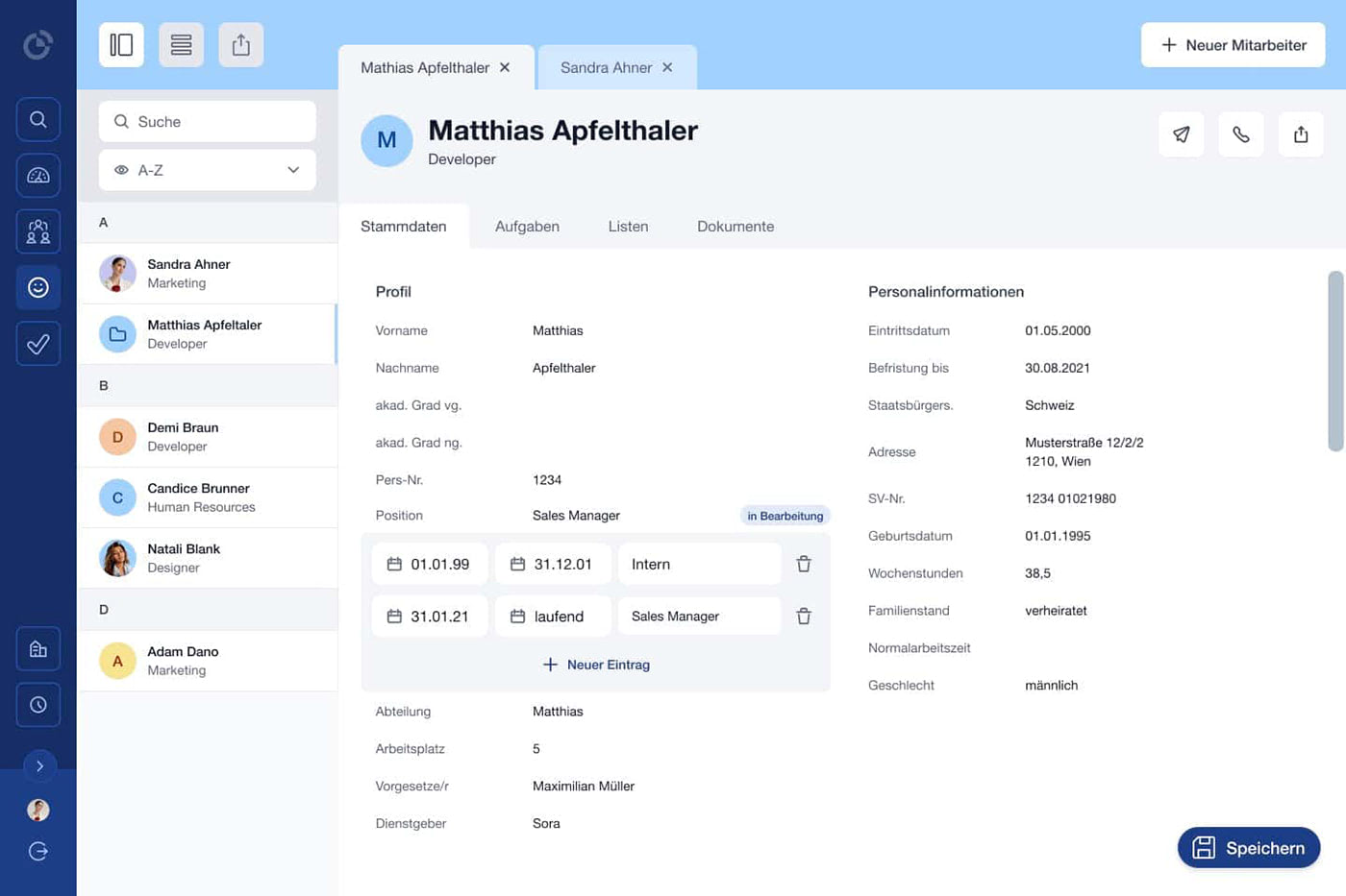 Picture of the Design for Coredat HR Management Software. It shows the User Details Site.