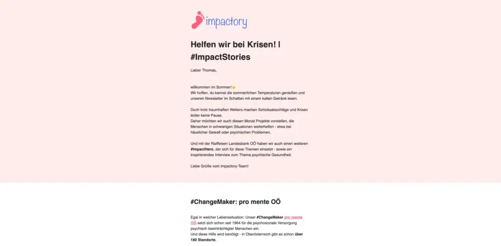 impactory newsletter mit rosa Hintergrund in oberer Hälfte und sonst hauptsächlich text