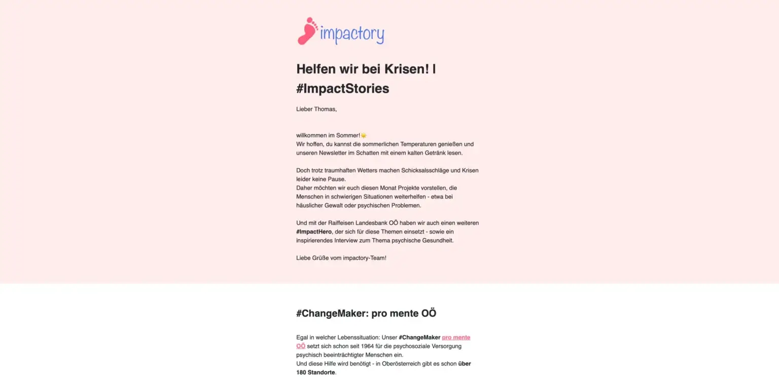 impactory newsletter mit rosa Hintergrund in oberer Hälfte und sonst hauptsächlich text