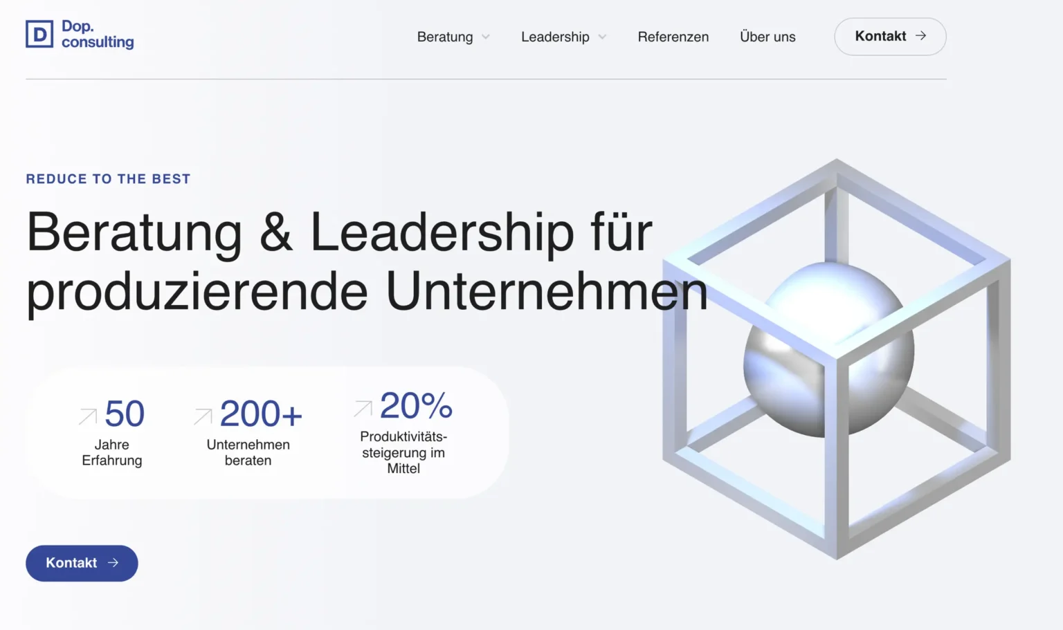 The picture shows the homepage of "Dop.consulting". The headline reads: "Consulting & Leadership for Manufacturing Companies", accompanied by the English slogan "Reduce to the Best".