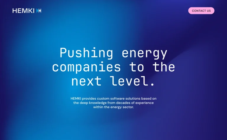 Blue background with white text "Pushing energy companies to the next level. HEMKI provides custom software solutions based on the deep knowledge from decades of experience within the energy sector."