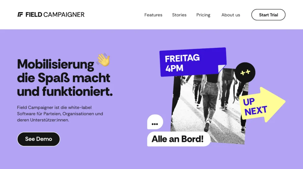 Ausschnitt der Field Campaigner Website mit dem Claim Mobilisierung die Spaß macht und funktioniert auf violettem Hintergrund und grafischen Elementen